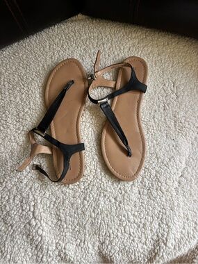 Call It Spring Black and Tan T-Strap Sandals